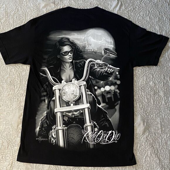Ride or Die Mens Graphic T-Shirt XL Sick Motorcycle And Woman On Bike Design - Picture 2 of 6